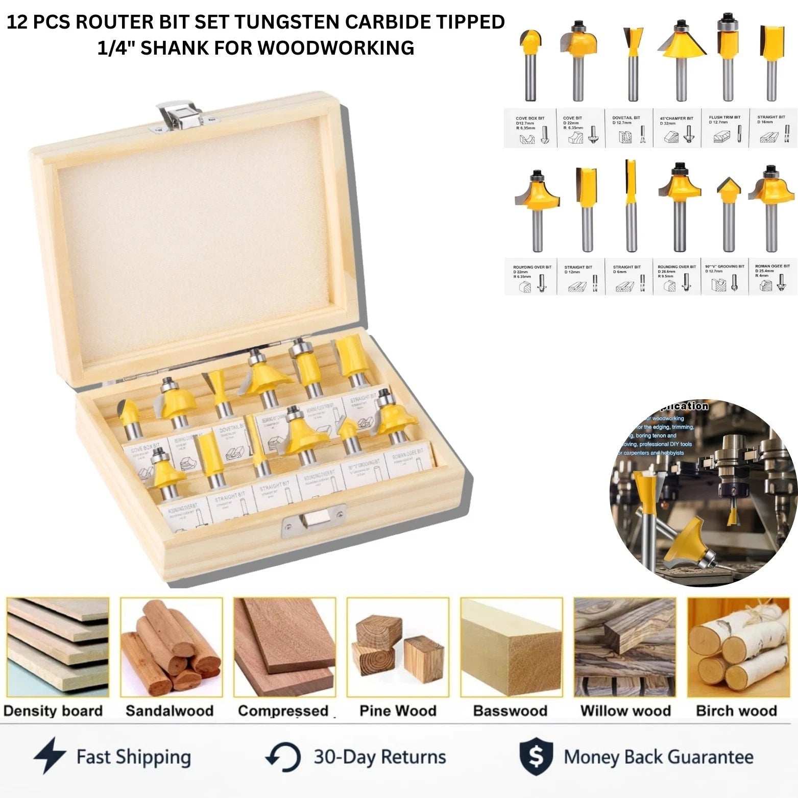 12-piece router bit set with wooden case and examples of wood types on a white background