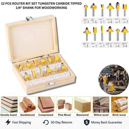 12-piece router bit set with wooden case and examples of wood types on a white background