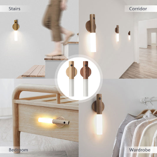 Auto LED USB Magnetic Wooden Wireless Night Light with PIR Motion Sensor Perfect for Corridors, Porches, Cabinets & Walls