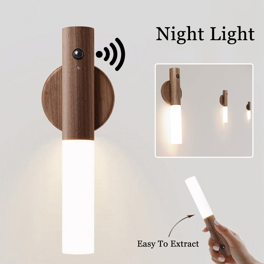 Auto LED USB Magnetic Wooden Wireless Night Light with PIR Motion Sensor Perfect for Corridors, Porches, Cabinets & Walls