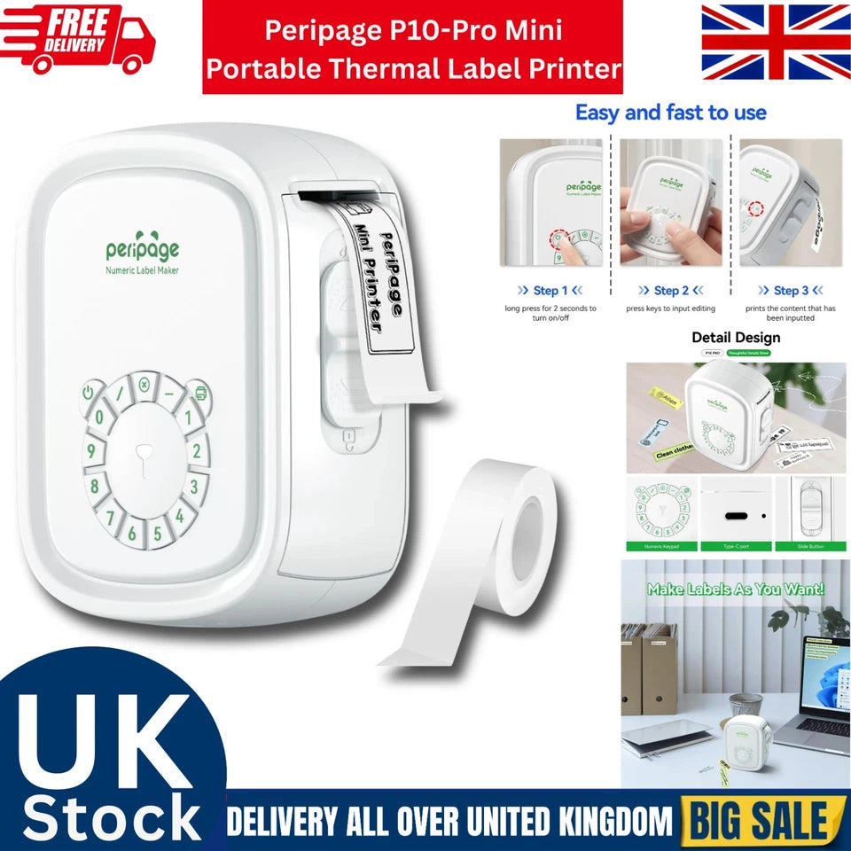 Peripage P10-Pro Mini portable thermal label printer with packaging and promotional text.
