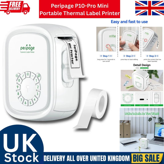 Peripage P10-Pro Mini portable thermal label printer with packaging and promotional text.