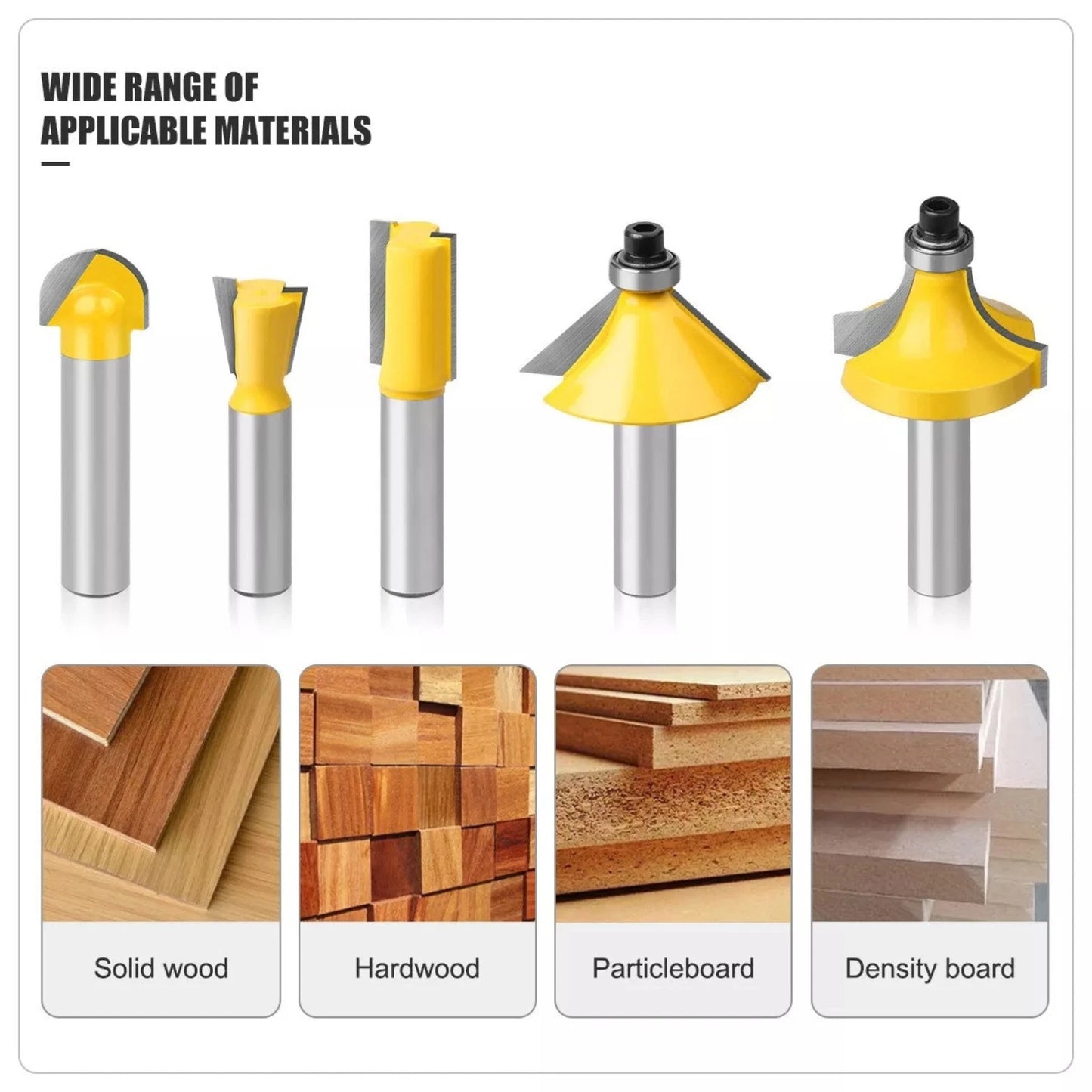 Set of router bits with yellow and silver design, used on various types of wood.