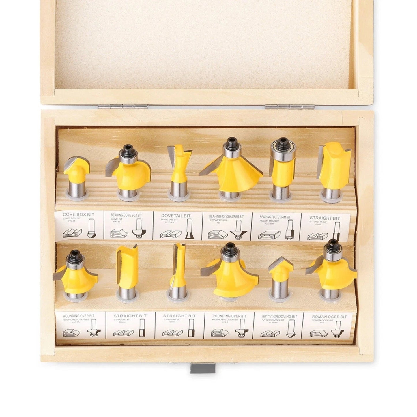 Set of yellow and silver router bits in a wooden box on a white background