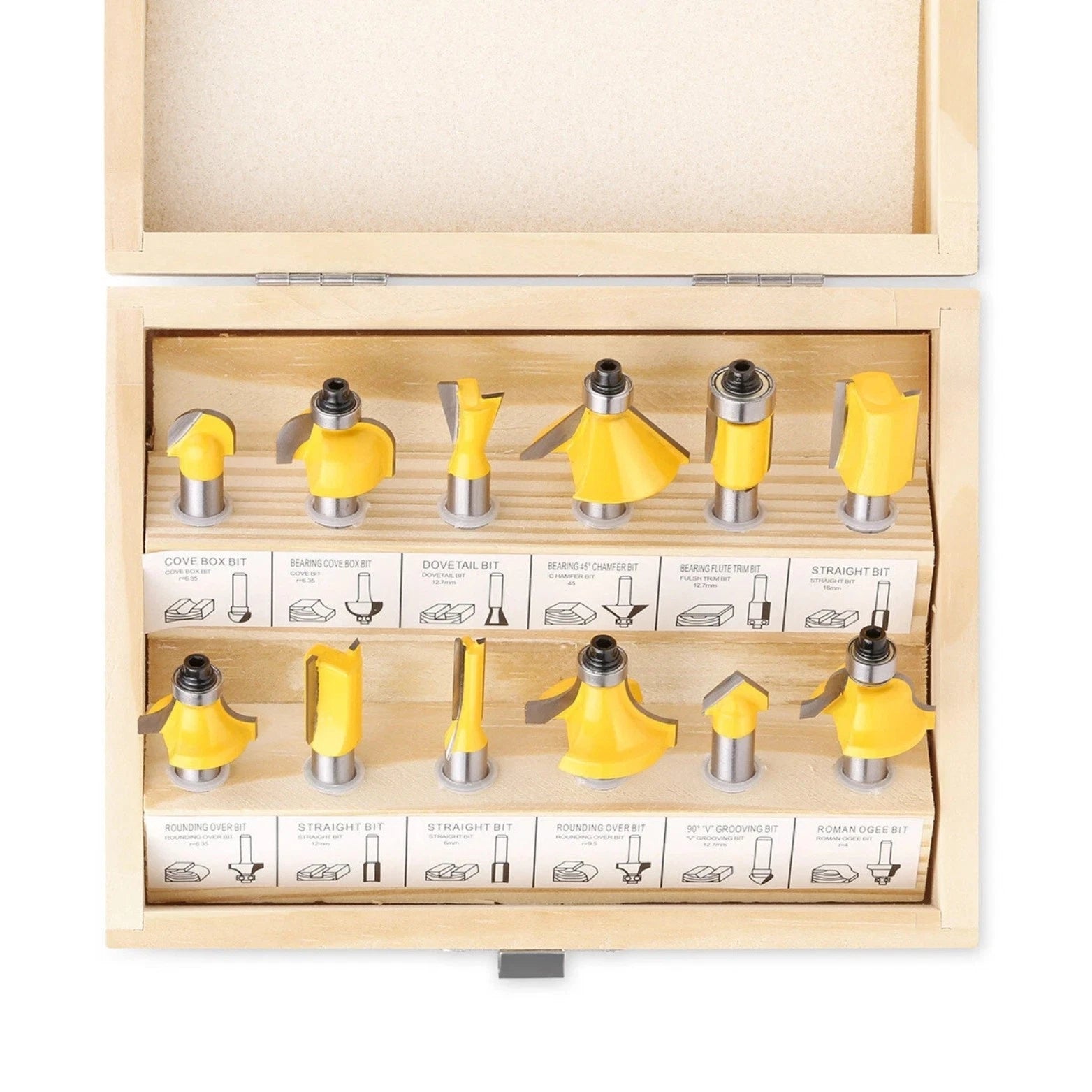 Set of yellow and silver router bits in a wooden box on a white background