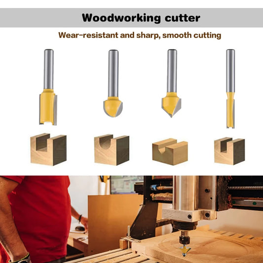 Woodworking cutters with wear-resistant and sharp cutting properties, shown with a person using a machine in the background.