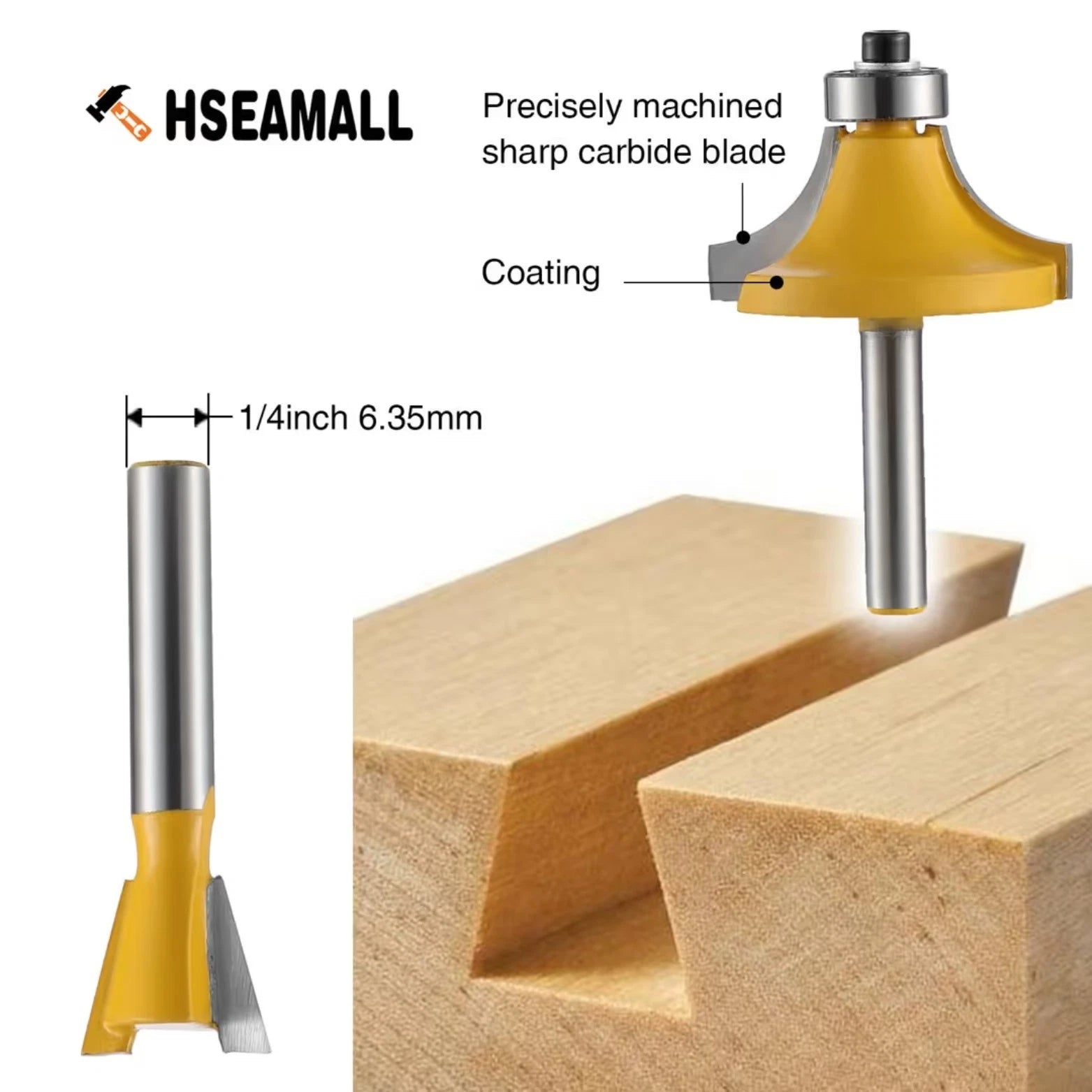 Woodworking router bit with labeled features on a white background, featuring the brand 'HSEAMALL'.