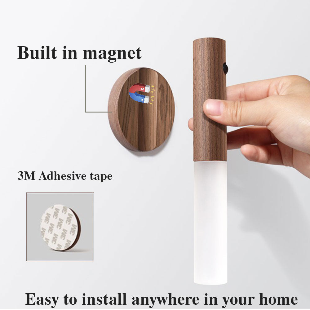 Auto LED USB Magnetic Wooden Wireless Night Light with PIR Motion Sensor Perfect for Corridors, Porches, Cabinets & Walls