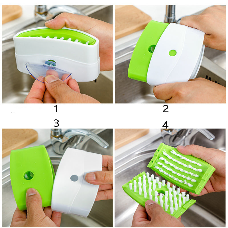 A creative kitchen cleaning brush with suction cup, perfect for washing knives, forks, chopsticks, fruits, and vegetables easily.