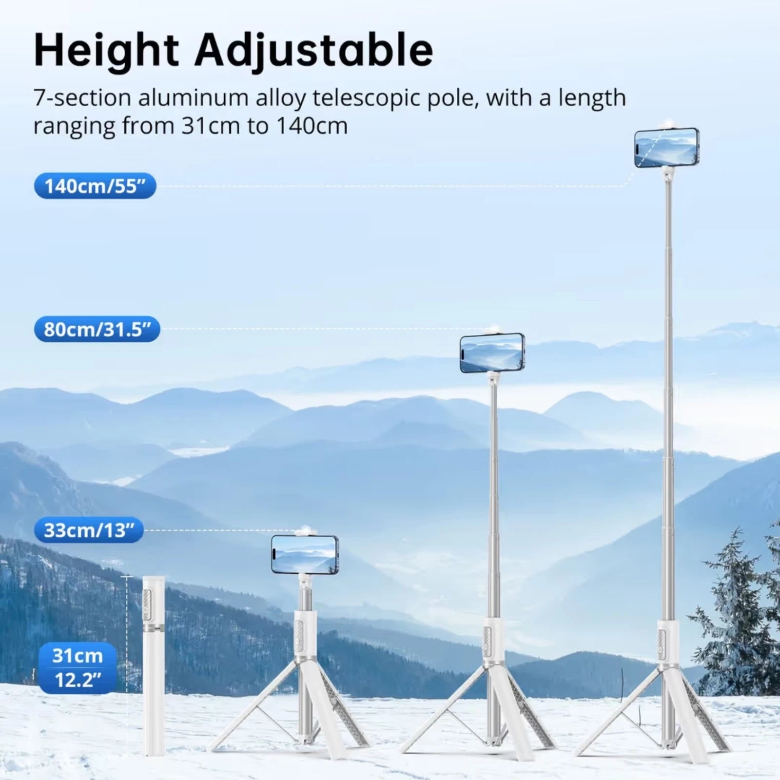 Height adjustable 7-section aluminum alloy telescopic pole with mountain landscape background