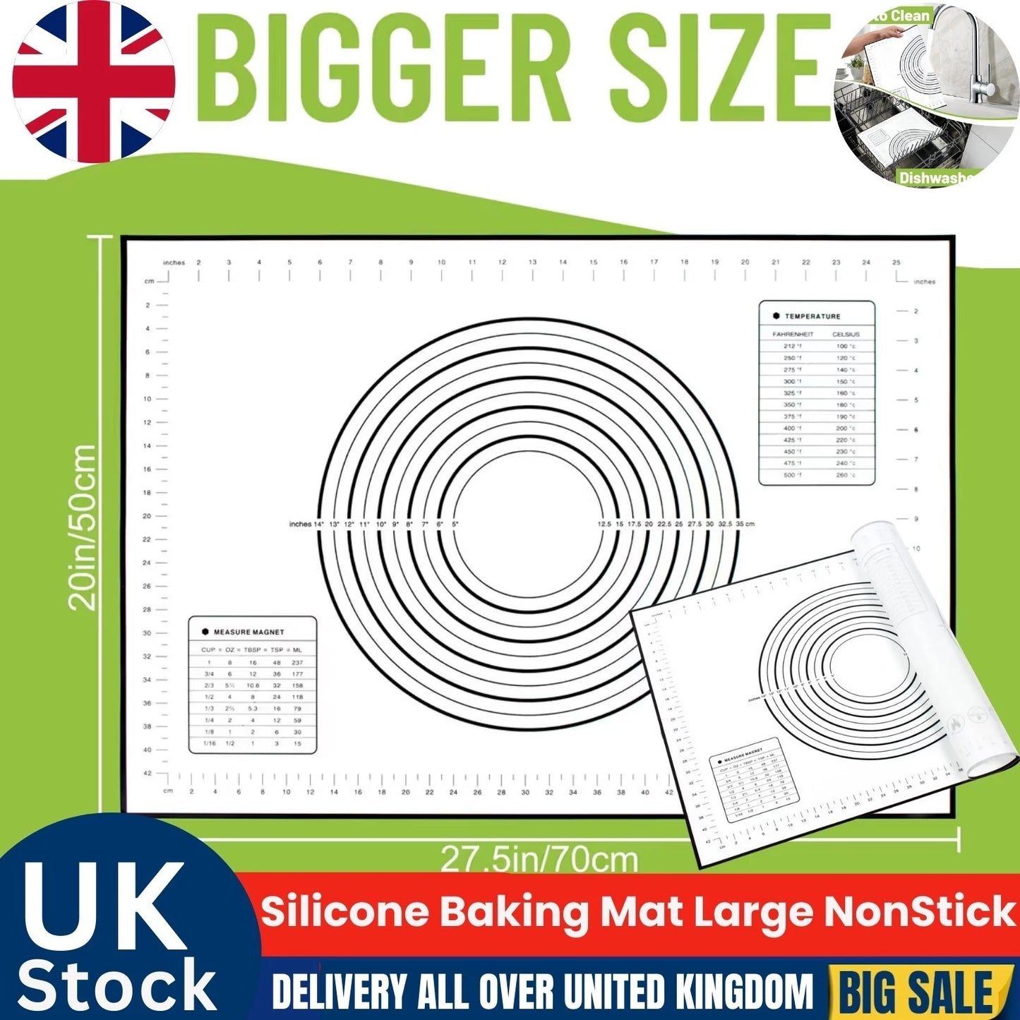 Large black silicone baking mat 70x50cm laid flat on a kitchen worktop, non-stick surface for rolling and kneading dough