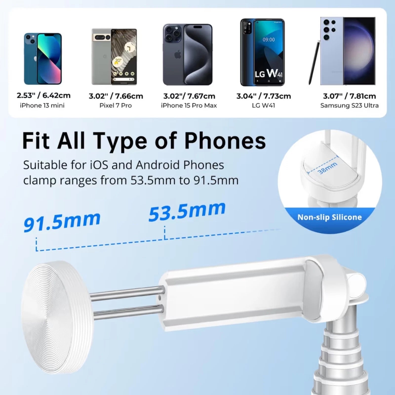 Phone holder with compatibility chart for various phone models 