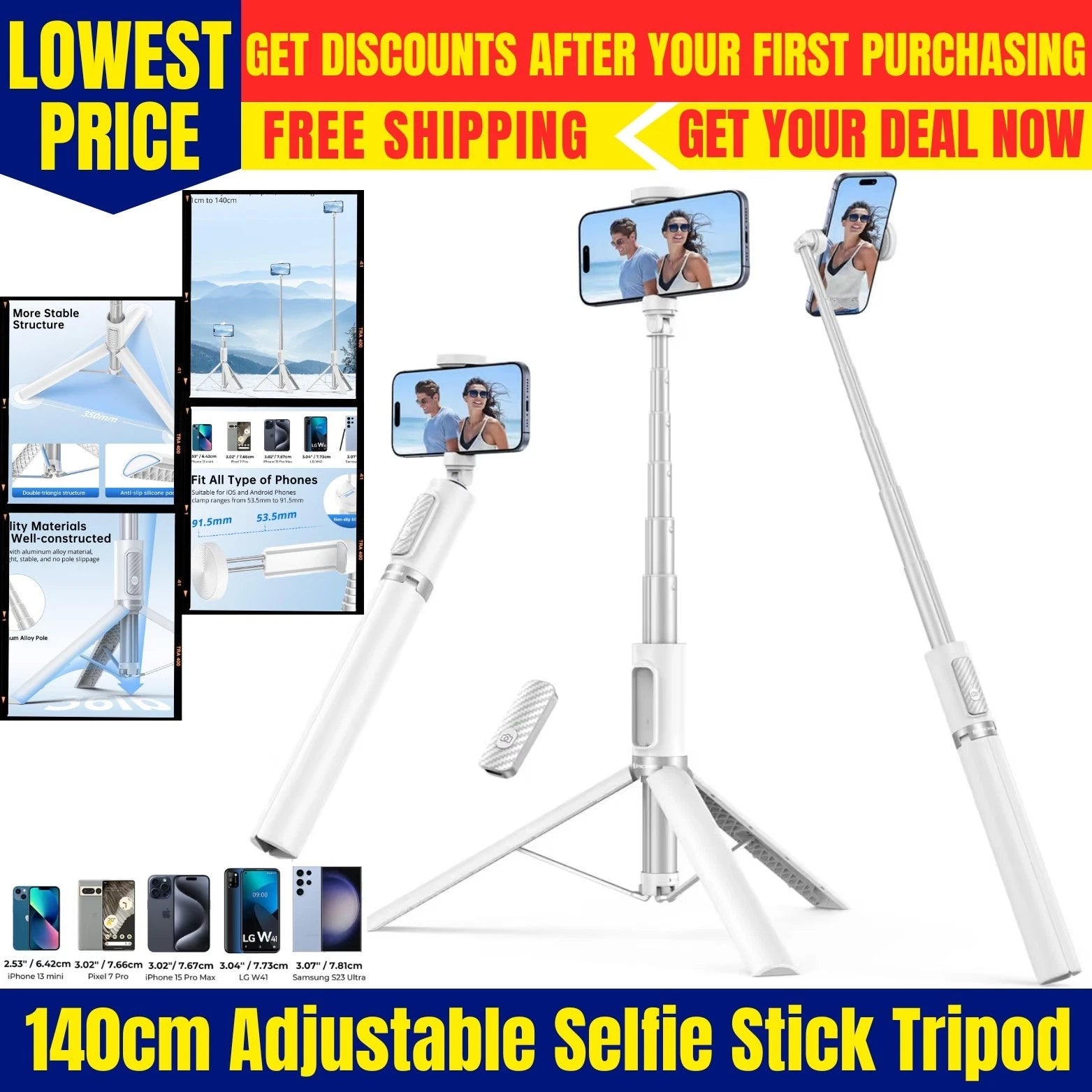 White selfie stick tripod with built-in ring light and Bluetooth remote on a white background