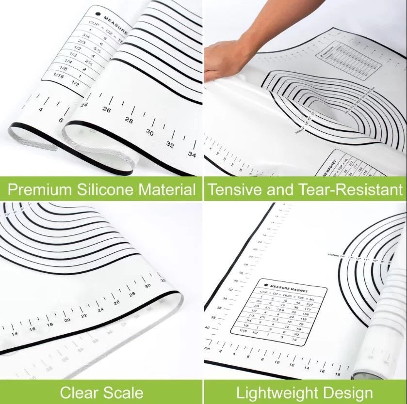 Silicone baking mat with measurement markings and text highlighting features.