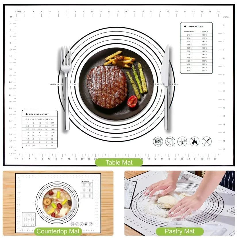 Multifunctional kitchen mat with measurement scales, food display, and cooking tools.