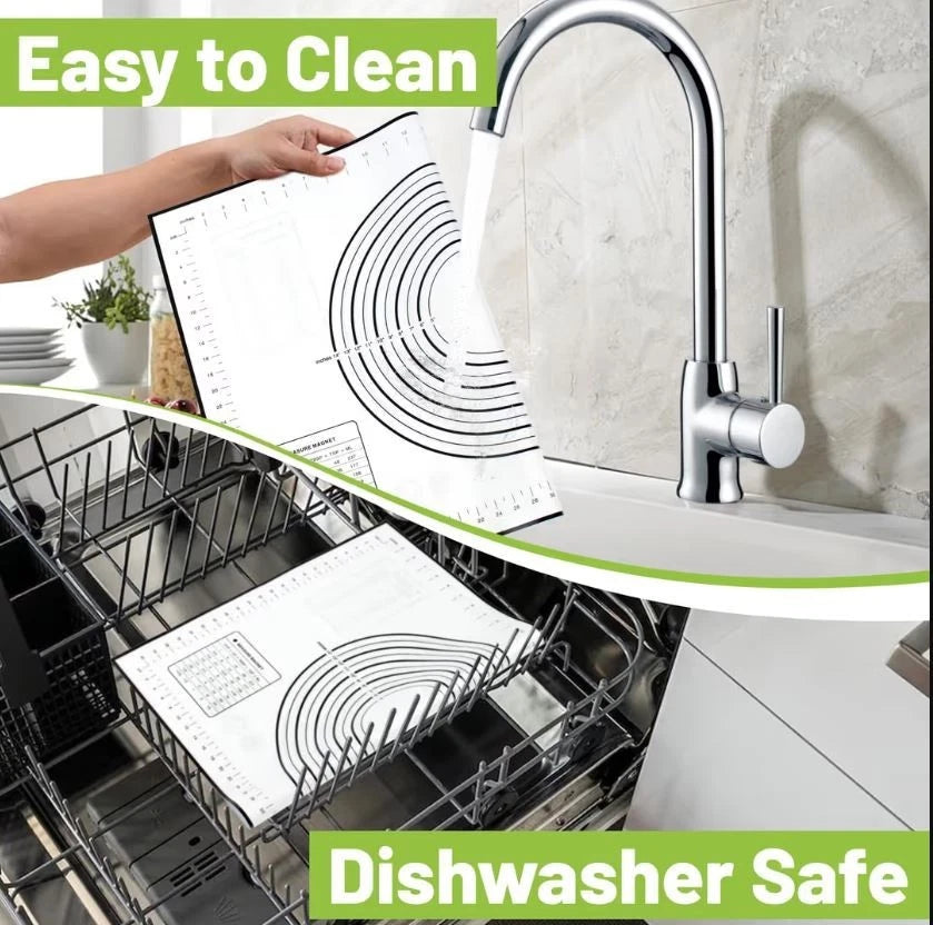 Kitchen sink, dishwasher, and mat with 'Easy to Clean' and 'Dishwasher Safe' text.